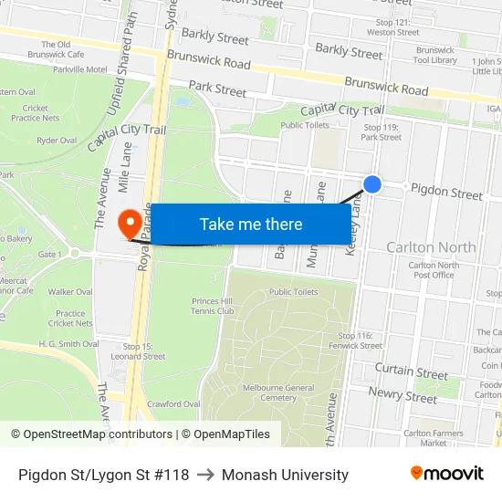 Pigdon St/Lygon St #118 to Monash University map