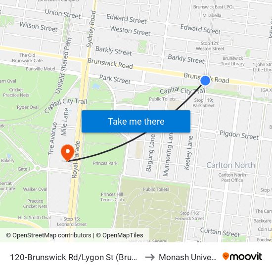 120-Brunswick Rd/Lygon St (Brunswick) to Monash University map