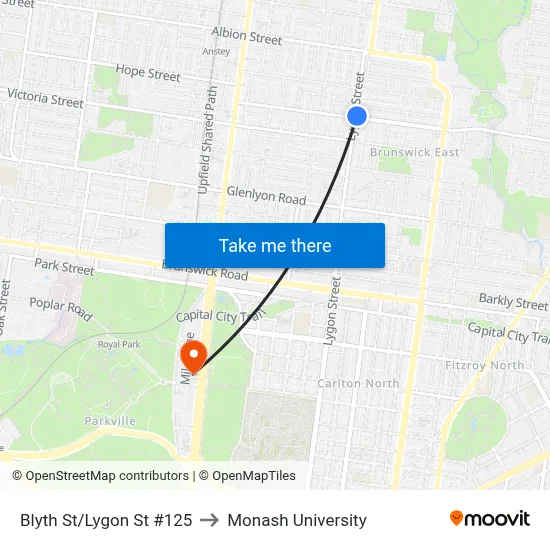 Blyth St/Lygon St #125 to Monash University map