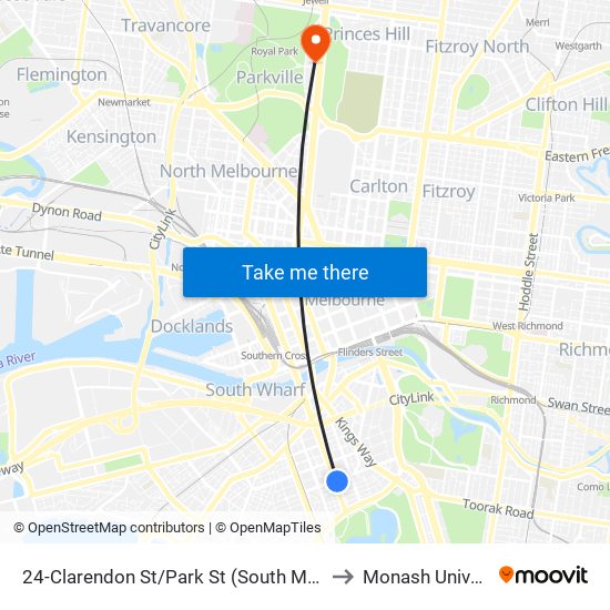 24-Clarendon St/Park St (South Melbourne) to Monash University map