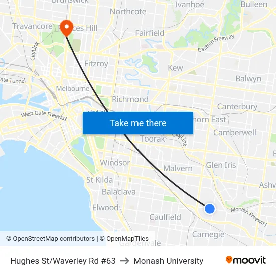 Hughes St/Waverley Rd #63 to Monash University map