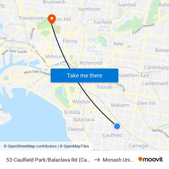 53-Caulfield Park/Balaclava Rd (Caulfield North) to Monash University map