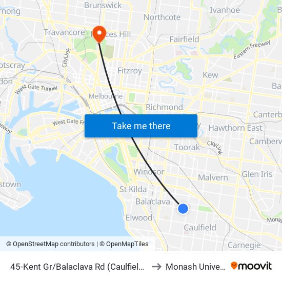 45-Kent Gr/Balaclava Rd (Caulfield North) to Monash University map