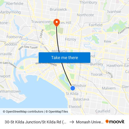 30-St Kilda Junction/St Kilda Rd (St Kilda) to Monash University map