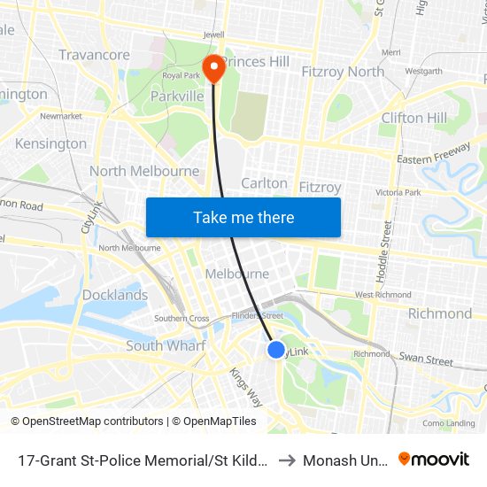 17-Grant St-Police Memorial/St Kilda Rd (Southbank) to Monash University map