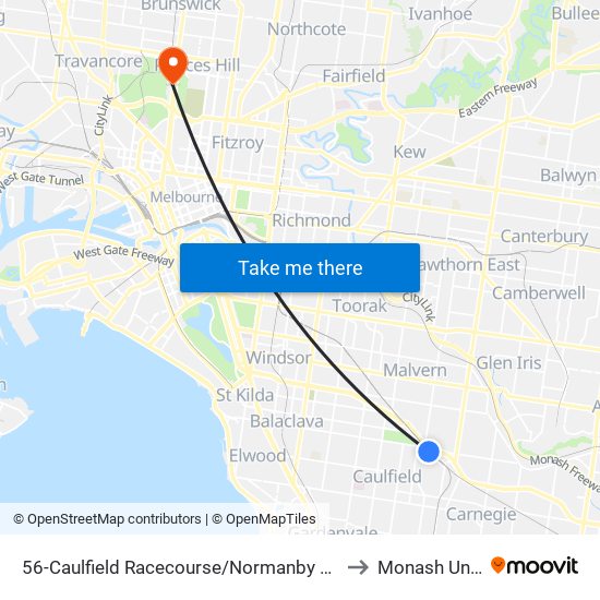 56-Caulfield Racecourse/Normanby Rd (Caulfield North) to Monash University map