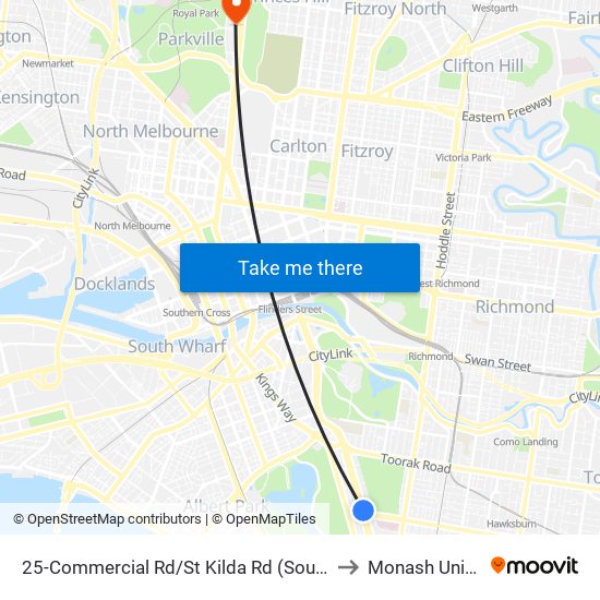 25-Commercial Rd/St Kilda Rd (South Melbourne) to Monash University map