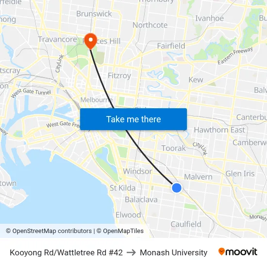 Kooyong Rd/Wattletree Rd #42 to Monash University map