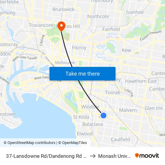 37-Lansdowne Rd/Dandenong Rd (Prahran) to Monash University map