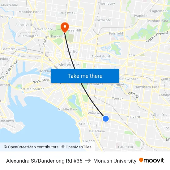 Alexandra St/Dandenong Rd #36 to Monash University map
