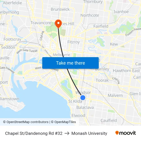 Chapel St/Dandenong Rd #32 to Monash University map