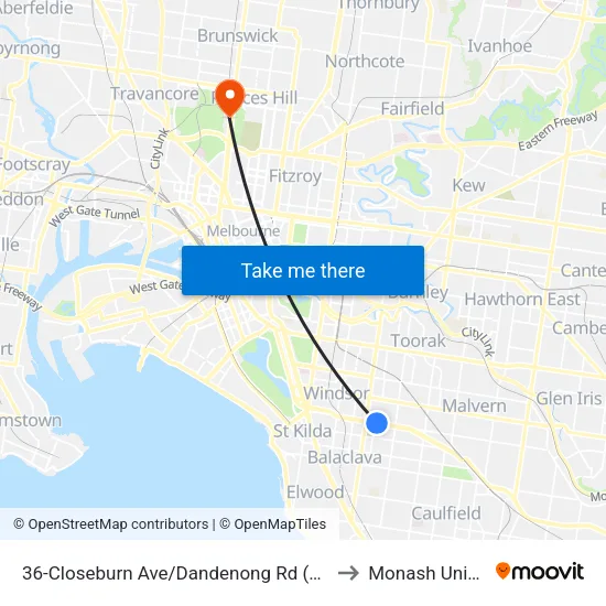 Closeburn Ave/Dandenong Rd #36 to Monash University map
