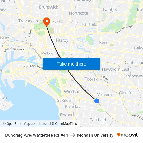 Duncraig Ave/Wattletree Rd #44 to Monash University map