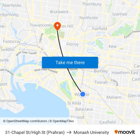 31-Chapel St/High St (Prahran) to Monash University map