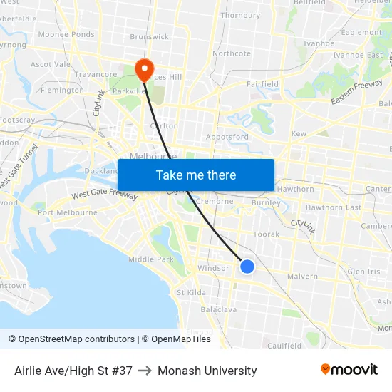 Airlie Ave/High St #37 to Monash University map