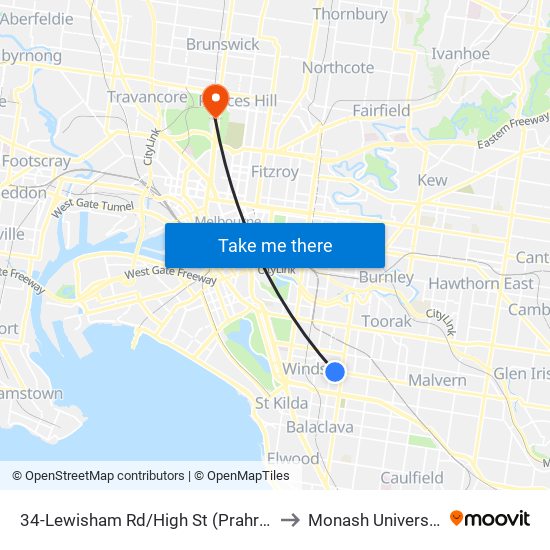 34-Lewisham Rd/High St (Prahran) to Monash University map