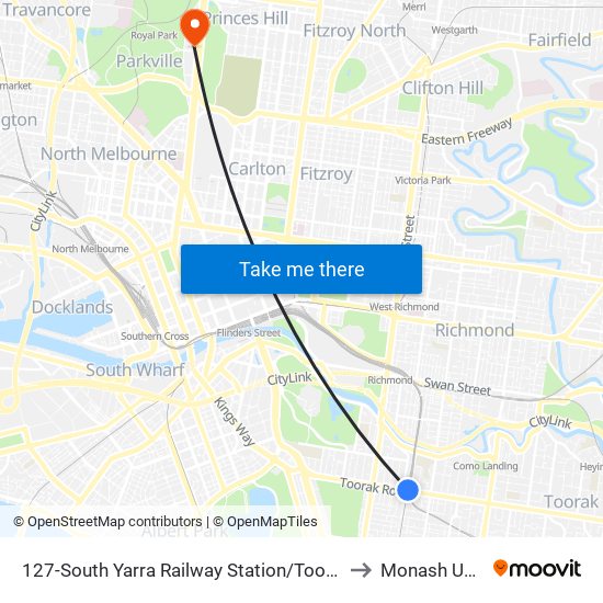 127-South Yarra Railway Station/Toorak Rd (South Yarra) to Monash University map