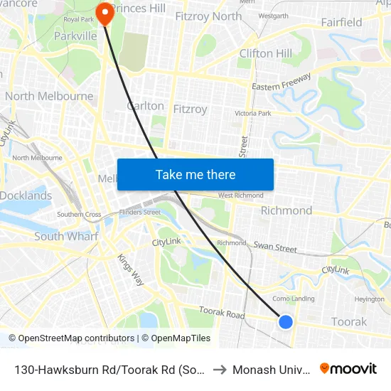 Hawksburn Rd/Toorak Rd #130 to Monash University map