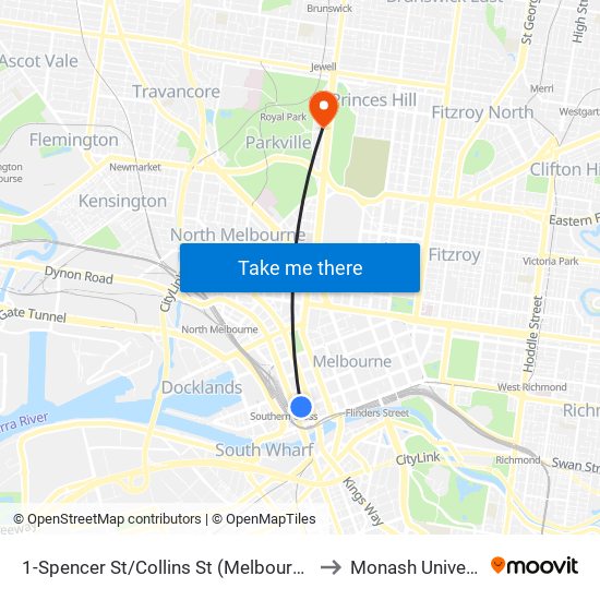 1-Spencer St/Collins St (Melbourne City) to Monash University map