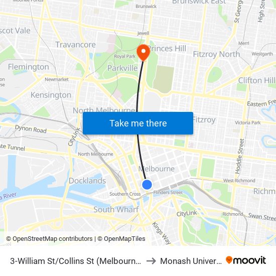 3-William St/Collins St (Melbourne City) to Monash University map