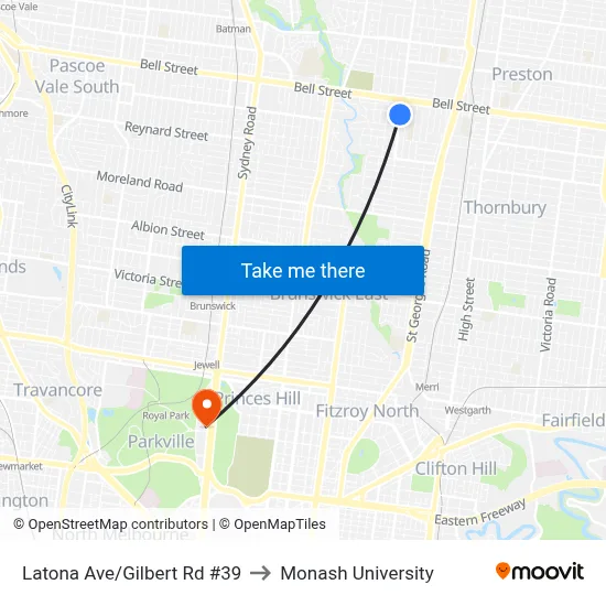 Latona Ave/Gilbert Rd #39 to Monash University map
