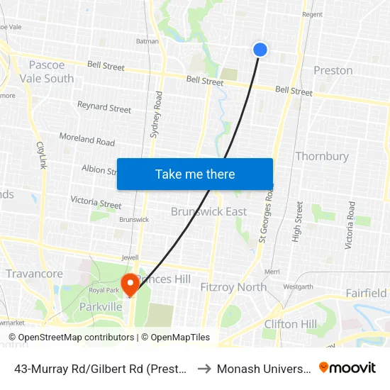 Murray Rd/Gilbert Rd #43 to Monash University map