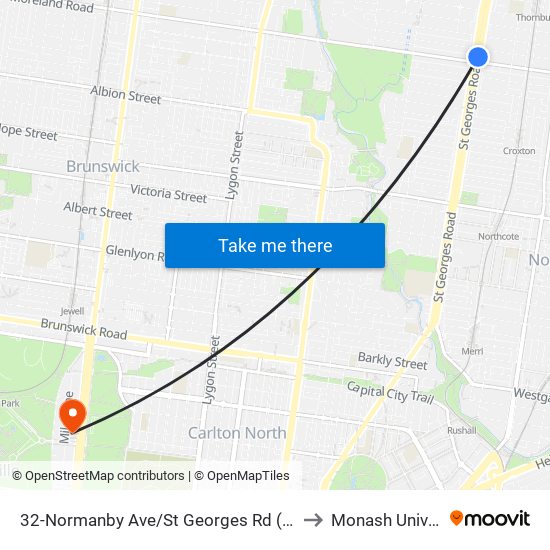 32-Normanby Ave/St Georges Rd (Thornbury) to Monash University map