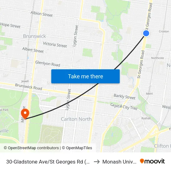 Gladstone Ave/St Georges Rd #30 to Monash University map