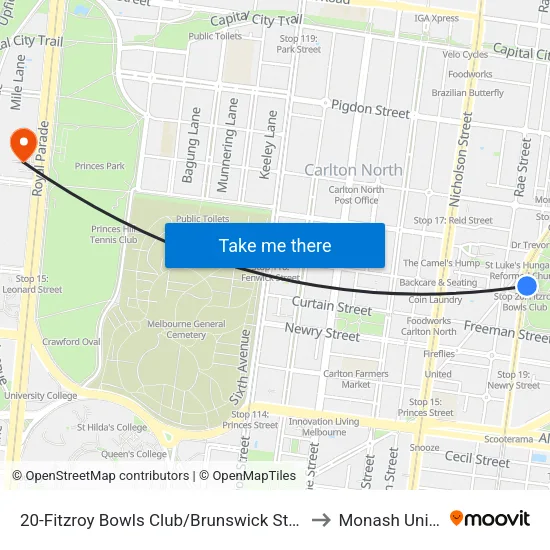 Fitzroy Bowls Club/Brunswick St #20 to Monash University map