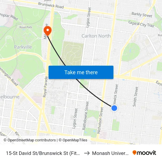 St David St/Brunswick St #15 to Monash University map