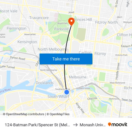 124-Batman Park/Spencer St (Melbourne City) to Monash University map