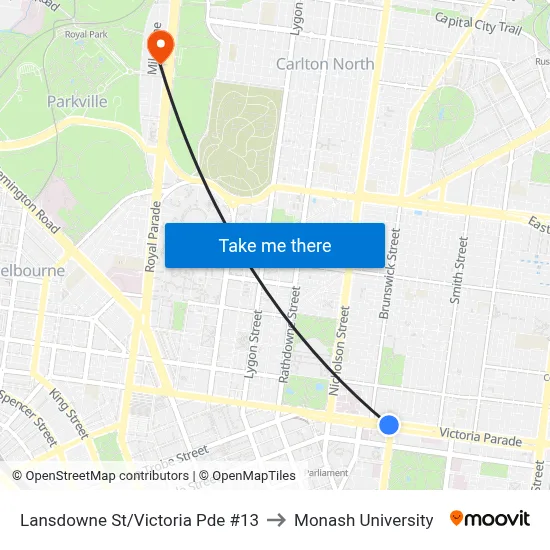 Lansdowne St/Victoria Pde #13 to Monash University map
