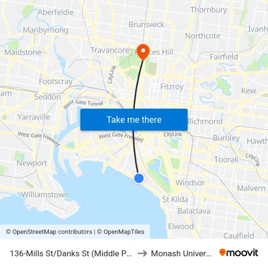 Mills St/Danks St #136 to Monash University map