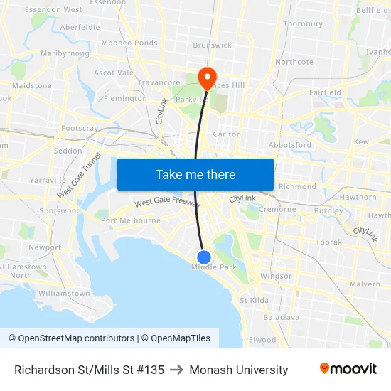 Richardson St/Mills St #135 to Monash University map