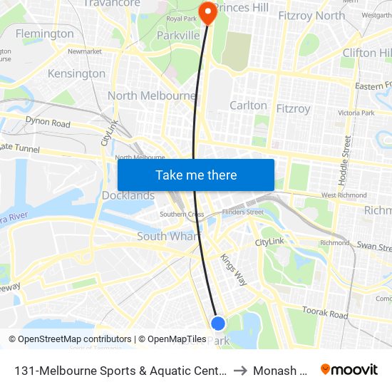 131-Melbourne Sports & Aquatic Centre/Albert Rd (Albert Park) to Monash University map