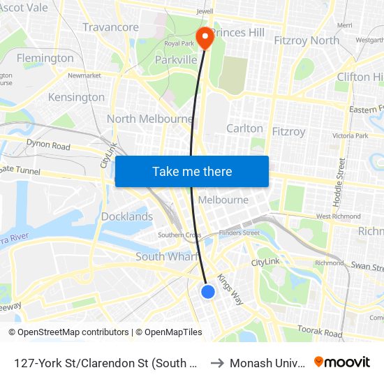 127-York St/Clarendon St (South Melbourne) to Monash University map