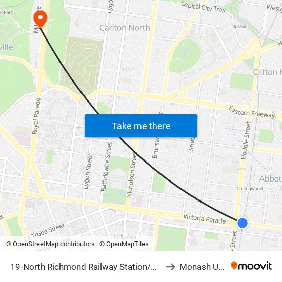 19-North Richmond Railway Station/Victoria St (Richmond) to Monash University map