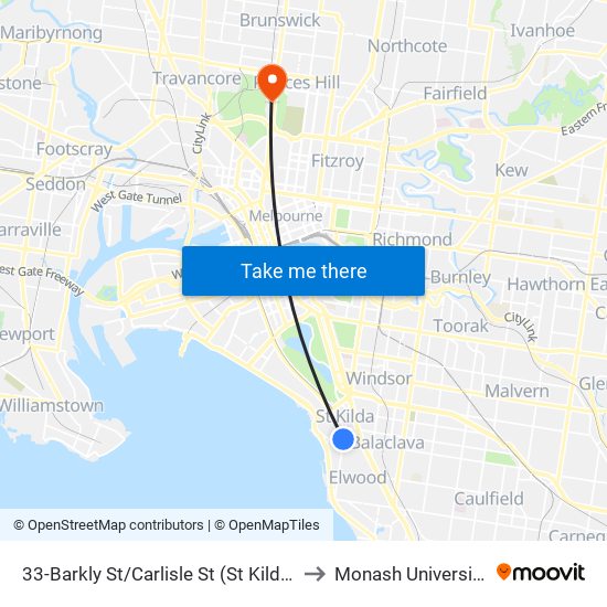 33-Barkly St/Carlisle St (St Kilda) to Monash University map