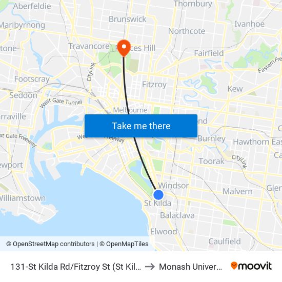 131-St Kilda Rd/Fitzroy St (St Kilda) to Monash University map