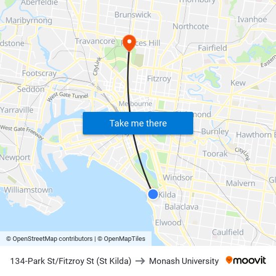 134-Park St/Fitzroy St (St Kilda) to Monash University map