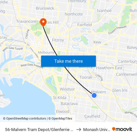 56-Malvern Tram Depot/Glenferrie Rd (Malvern) to Monash University map