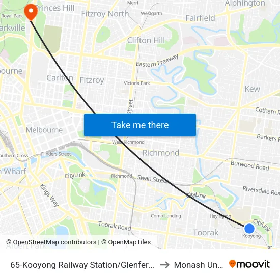 Kooyong Railway Station/Glenferrie Rd #65 to Monash University map