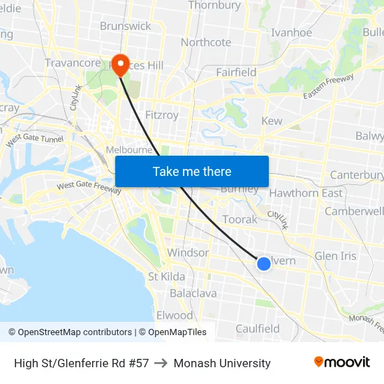 High St/Glenferrie Rd #57 to Monash University map