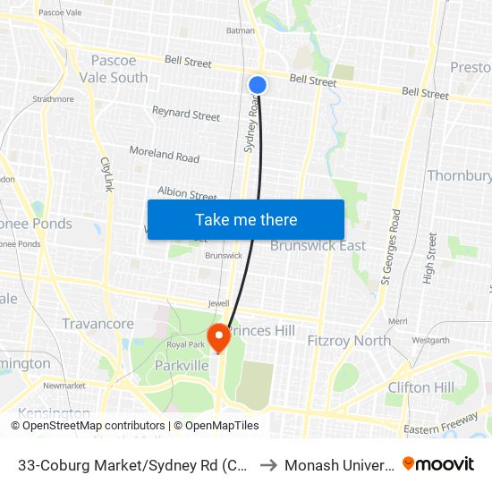 33-Coburg Market/Sydney Rd (Coburg) to Monash University map
