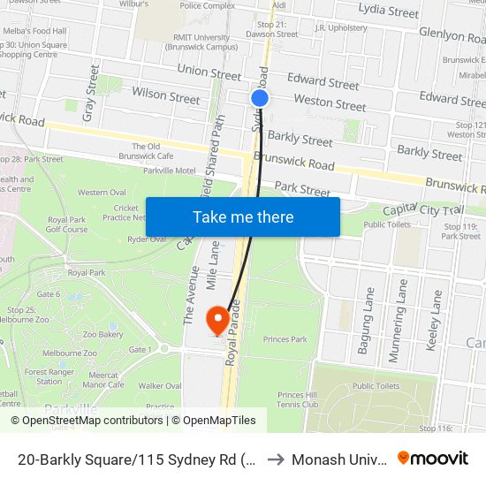 20-Barkly Square/115 Sydney Rd (Brunswick) to Monash University map
