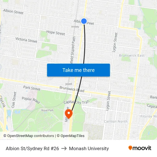Albion St/Sydney Rd #26 to Monash University map
