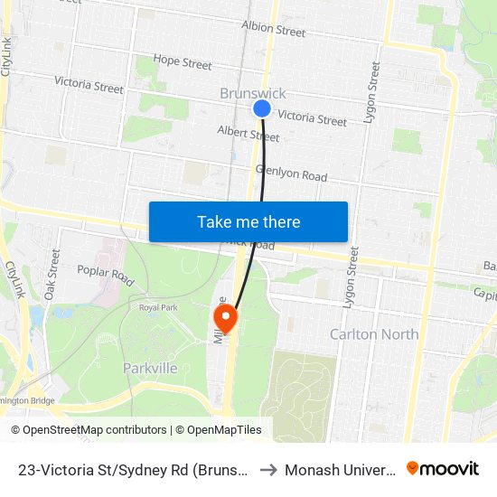 23-Victoria St/Sydney Rd (Brunswick) to Monash University map