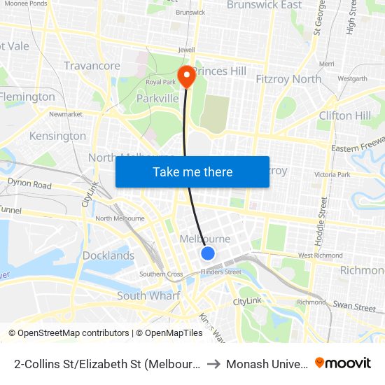 2-Collins St/Elizabeth St (Melbourne City) to Monash University map