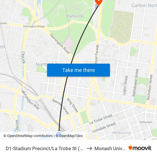 D1-Stadium Precinct/La Trobe St (Docklands) to Monash University map