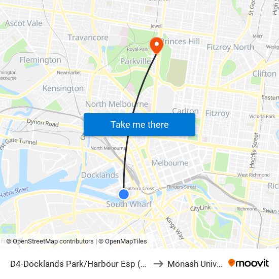 D4-Docklands Park/Harbour Esp (Docklands) to Monash University map